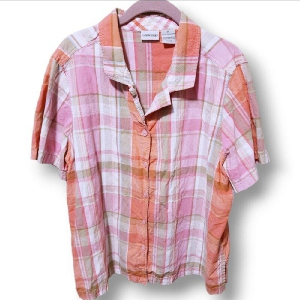 Cabin Creek Shirt Women's 2X 18 Pink Plaid cotton Seersucker short sleeve button - Picture 1 of 6